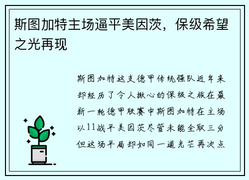 斯图加特主场逼平美因茨，保级希望之光再现